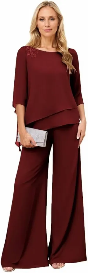 2 Pcs Pant Suits for Women Dressy Elegant Lace Applique Tiered Chiffon 3/4 Sleeve Mother of The Bride Pantsuits for Wedding