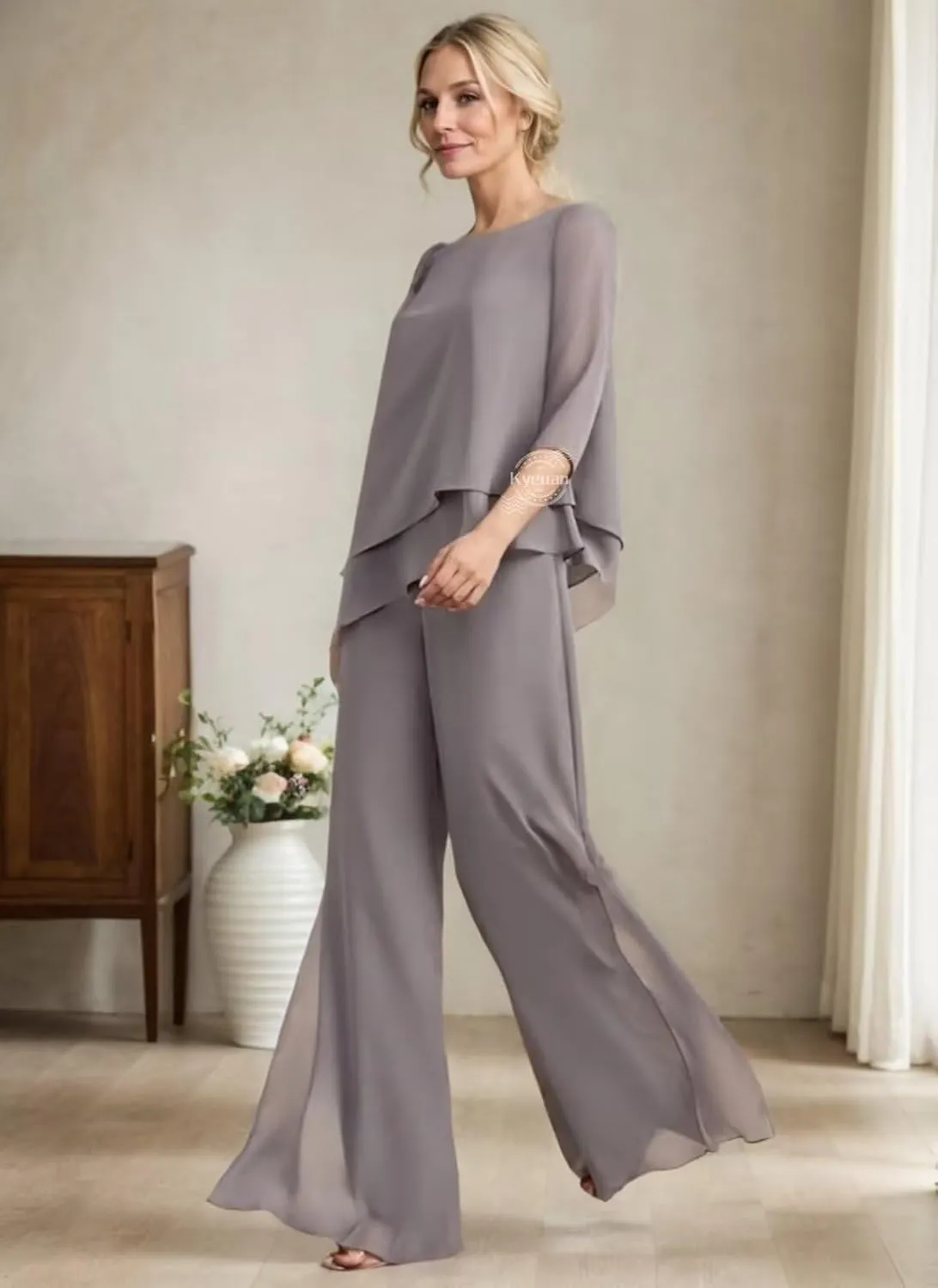 2 Pcs Pant Suits for Women Dressy Elegant Lace Applique Tiered Chiffon 3/4 Sleeve Mother of The Bride Pantsuits for Wedding