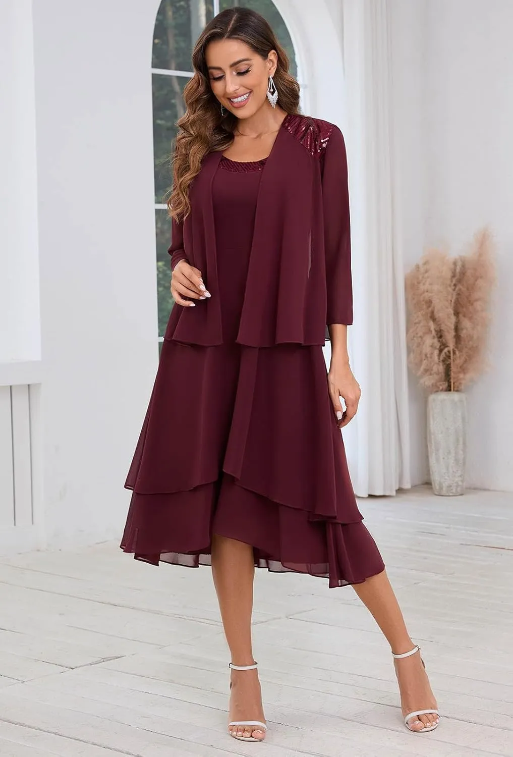 2 Piece Mother of The Bride Dress Suit Tea Length Chiffon Sequin Scoop Neck Formal Dresses with Jacket