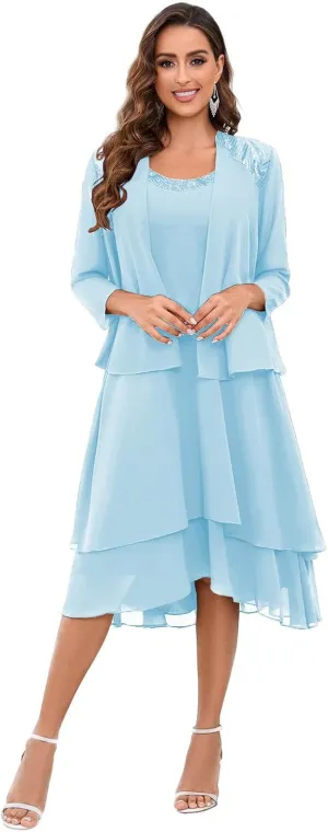 2 Piece Mother of The Bride Dress Suit Tea Length Chiffon Sequin Scoop Neck Formal Dresses with Jacket
