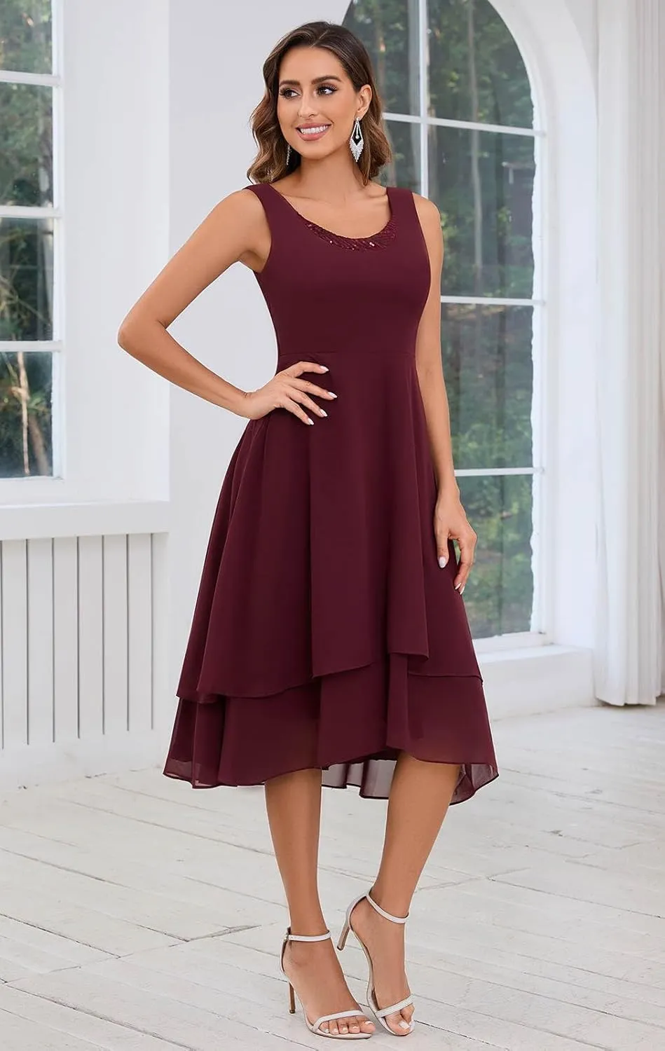 2 Piece Mother of The Bride Dress Suit Tea Length Chiffon Sequin Scoop Neck Formal Dresses with Jacket