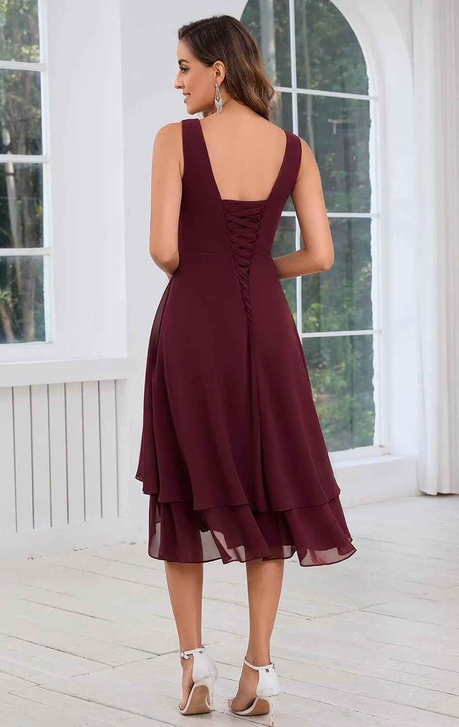 2 Piece Mother of The Bride Dress Suit Tea Length Chiffon Sequin Scoop Neck Formal Dresses with Jacket