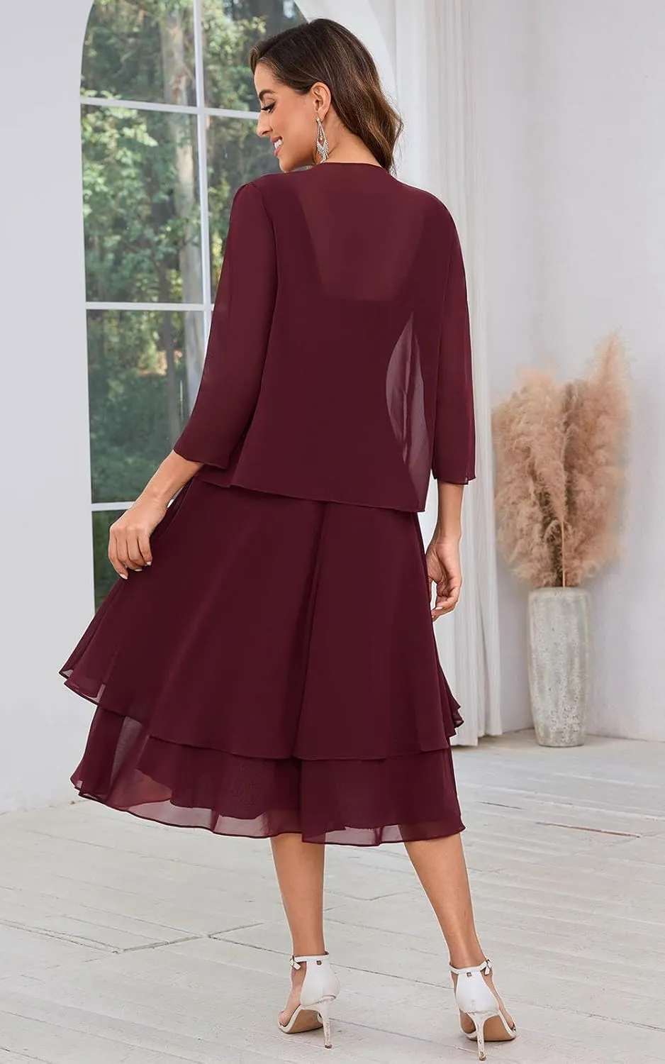 2 Piece Mother of The Bride Dress Suit Tea Length Chiffon Sequin Scoop Neck Formal Dresses with Jacket