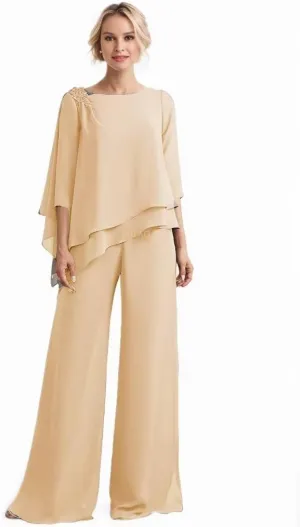 2 Pieces Mother of The Bride Pant Suits Appliques Ruffle Lace Appliqued Chiffon Wedding Outfits for Women
