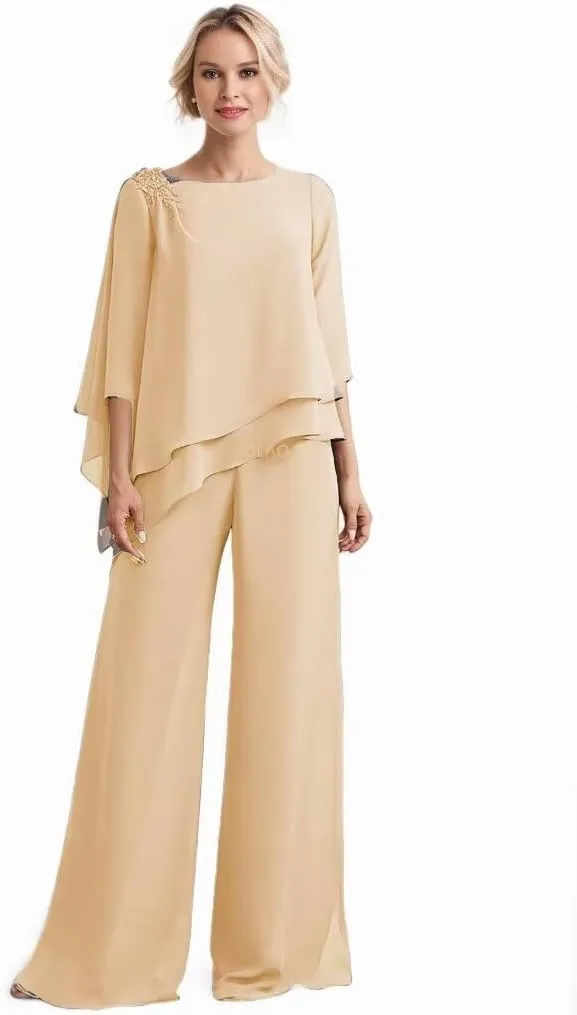 2 Pieces Mother of The Bride Pant Suits Appliques Ruffle Lace Appliqued Chiffon Wedding Outfits for Women