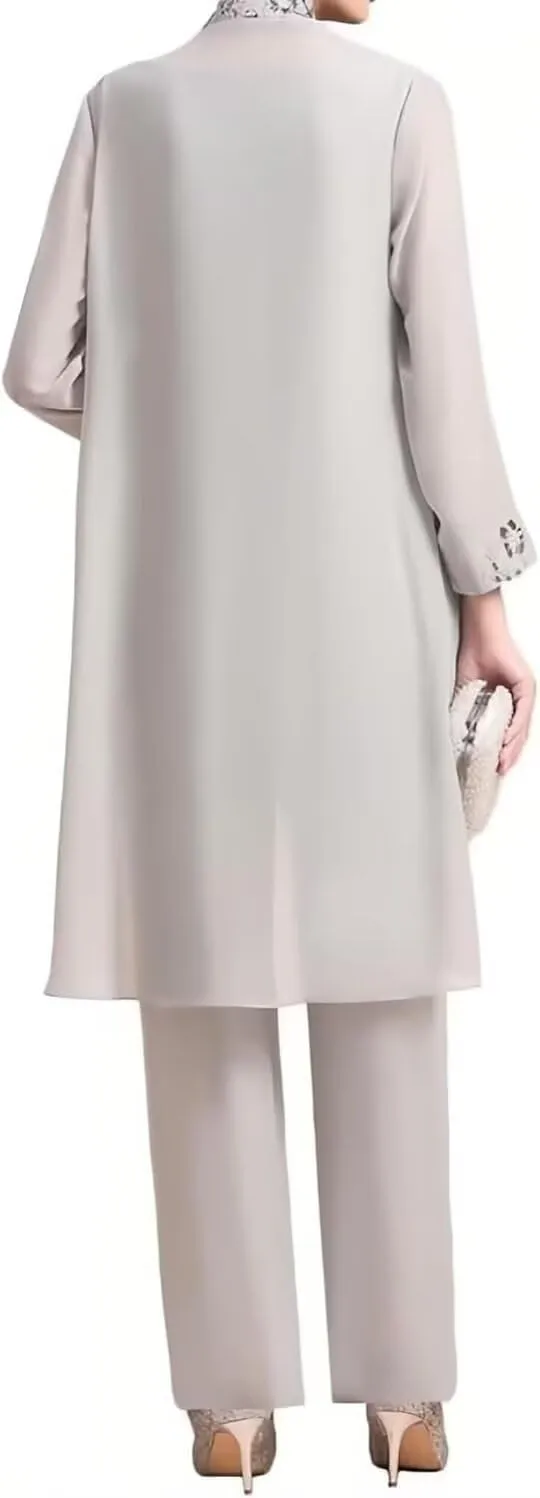 3 Piece Chiffon Mother of The Bride Pant Suits for Wedding Lace Applique Formal Outfits for Women Guest Long Sleeve