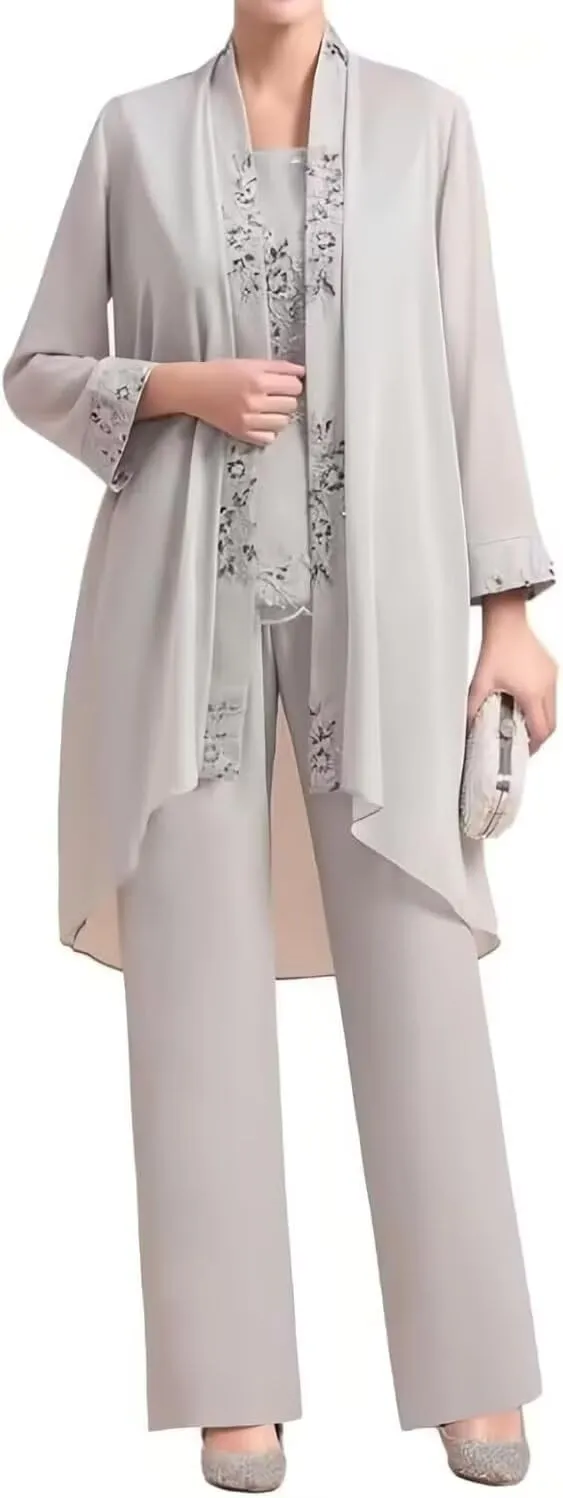 3 Piece Chiffon Mother of The Bride Pant Suits for Wedding Lace Applique Formal Outfits for Women Guest Long Sleeve