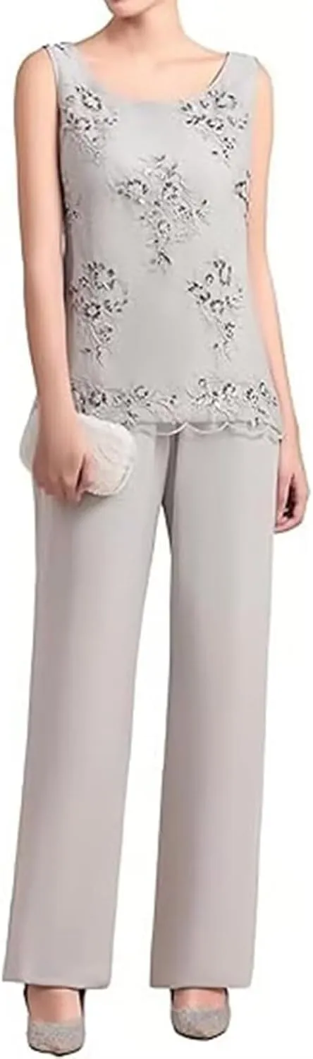 3 Piece Chiffon Mother of The Bride Pant Suits for Wedding Lace Applique Formal Outfits for Women Guest Long Sleeve