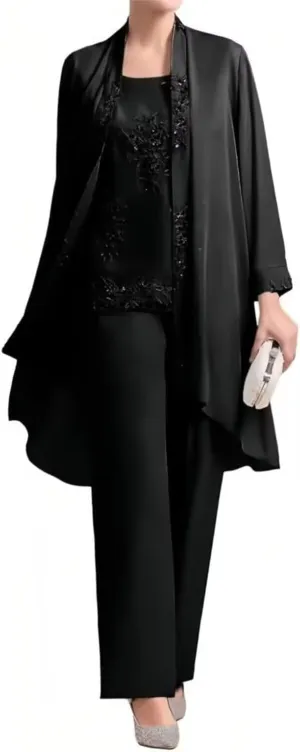 3 Piece Chiffon Mother of The Bride Pant Suits for Wedding Lace Applique Formal Outfits for Women Guest Long Sleeve