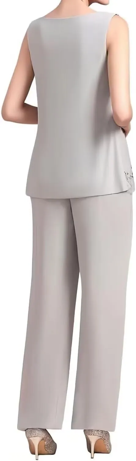 3 Piece Chiffon Mother of The Bride Pant Suits for Wedding Lace Applique Formal Outfits for Women Guest Long Sleeve