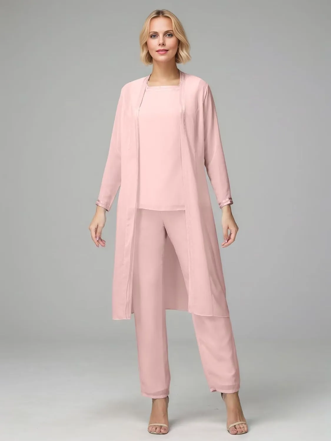 3 Pieces Long Sleeves Mother of The Bride Pants Suits with Jacket Chiffon Formal Evening Dress