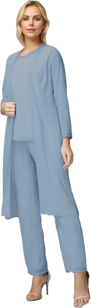 3 Pieces Long Sleeves Mother of The Bride Pants Suits with Jacket Chiffon Formal Evening Dress