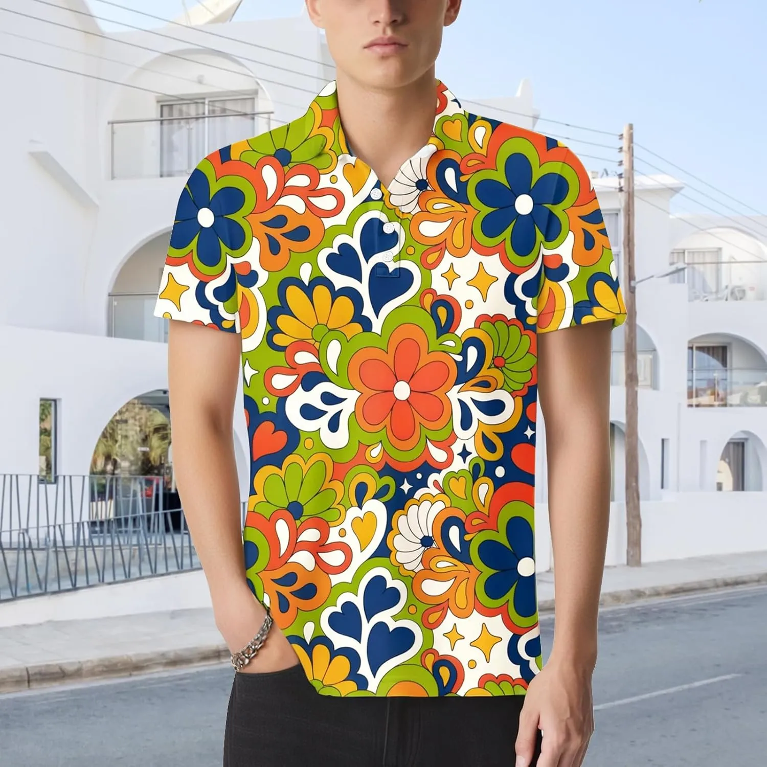 70s Outfits for Men Golf Polo Shirts Short Sleeve Disco Retro Paisley Button Vintage Dry Fit Funny Clothes