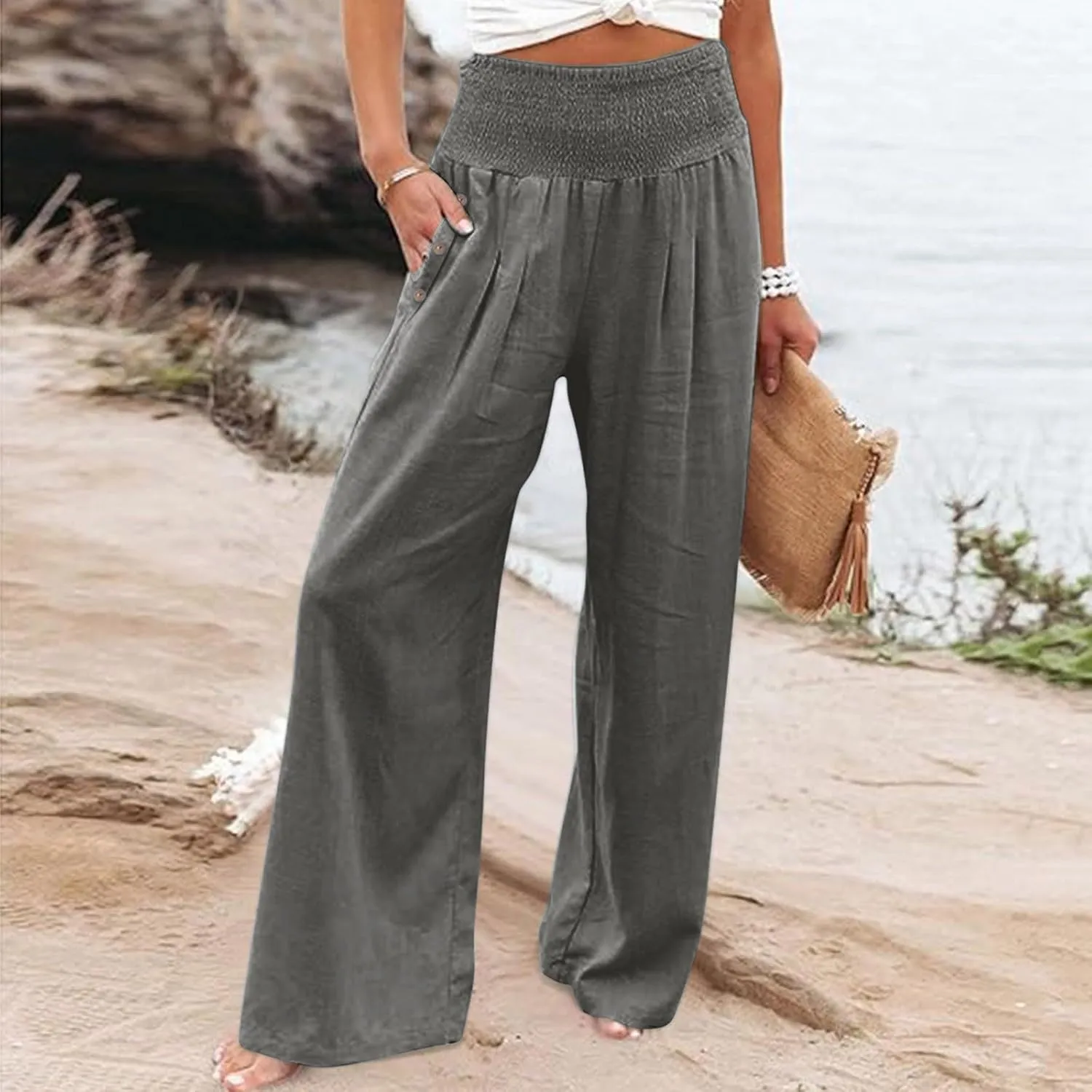 ADHOWBEW High Waisted Linen Pants Women Plus Size Work Casual Stretch Lounge Dressy Cotton Flowy Petite Work Pants