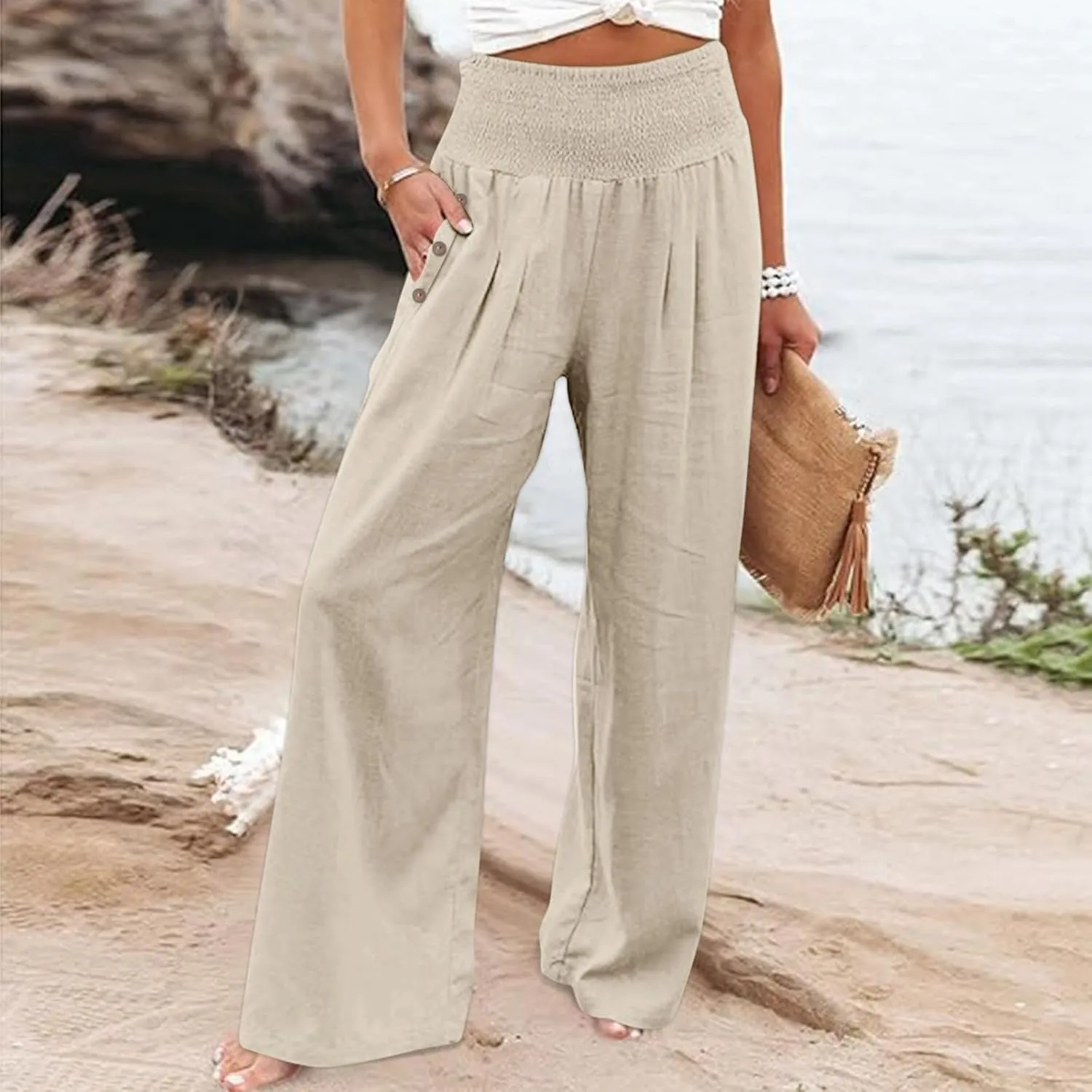 ADHOWBEW High Waisted Linen Pants Women Plus Size Work Casual Stretch Lounge Dressy Cotton Flowy Petite Work Pants