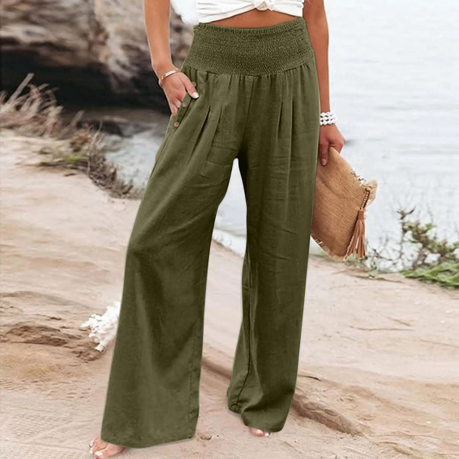 ADHOWBEW High Waisted Linen Pants Women Plus Size Work Casual Stretch Lounge Dressy Cotton Flowy Petite Work Pants