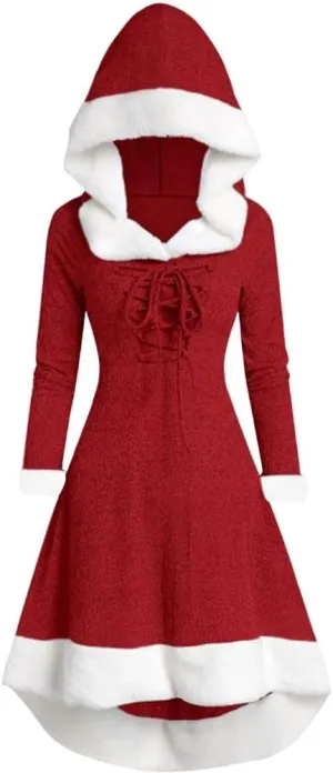 Akivide Women's Christmas Cloak Cosplay Dresses Hooded Furry Hem Lace Up Patchwork Long Sleeve Party Dress for Women