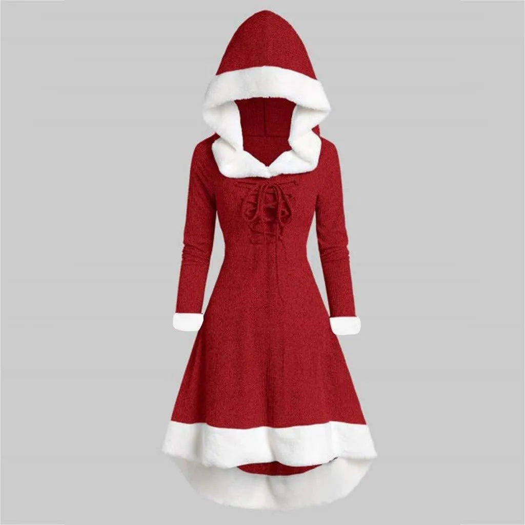 Akivide Women's Christmas Cloak Cosplay Dresses Hooded Furry Hem Lace Up Patchwork Long Sleeve Party Dress for Women