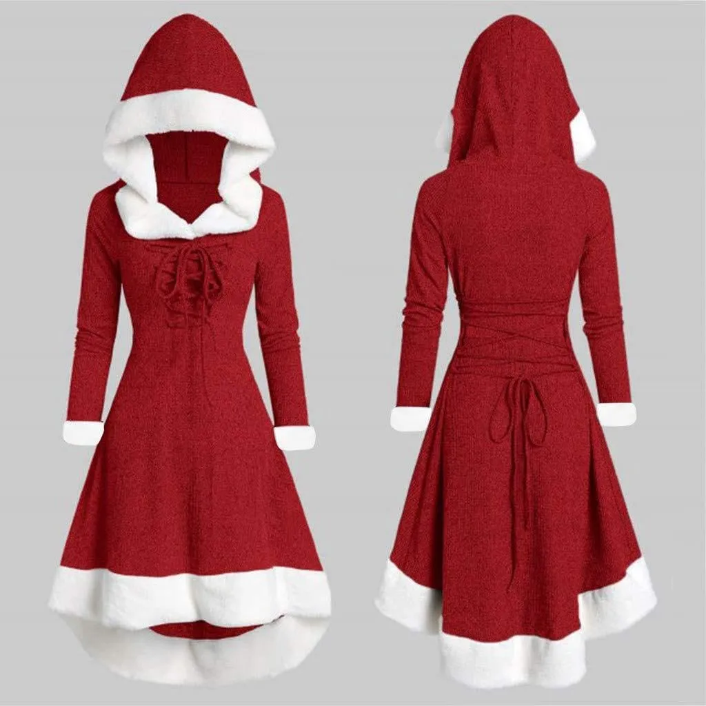 Akivide Women's Christmas Cloak Cosplay Dresses Hooded Furry Hem Lace Up Patchwork Long Sleeve Party Dress for Women