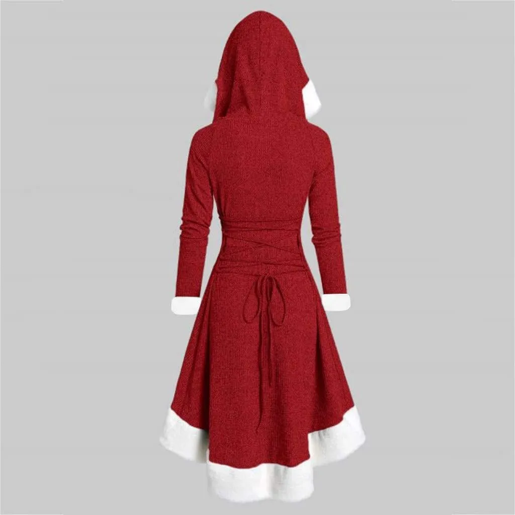 Akivide Women's Christmas Cloak Cosplay Dresses Hooded Furry Hem Lace Up Patchwork Long Sleeve Party Dress for Women