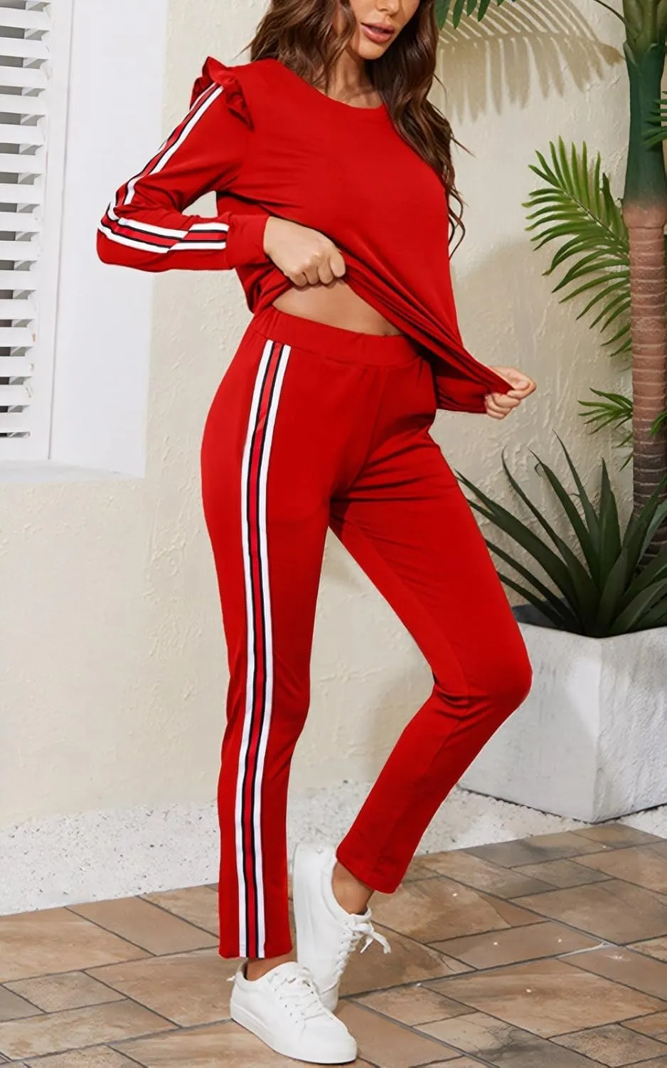 Akmipoem Women's 2 Piece Outfits Ruffle Sleeve Sweatshirt and Pants Sweatsuits Set Tracksuits