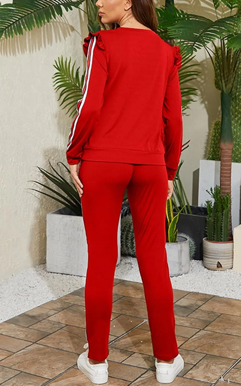 Akmipoem Women's 2 Piece Outfits Ruffle Sleeve Sweatshirt and Pants Sweatsuits Set Tracksuits