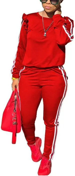 Akmipoem Women's 2 Piece Outfits Ruffle Sleeve Sweatshirt and Pants Sweatsuits Set Tracksuits