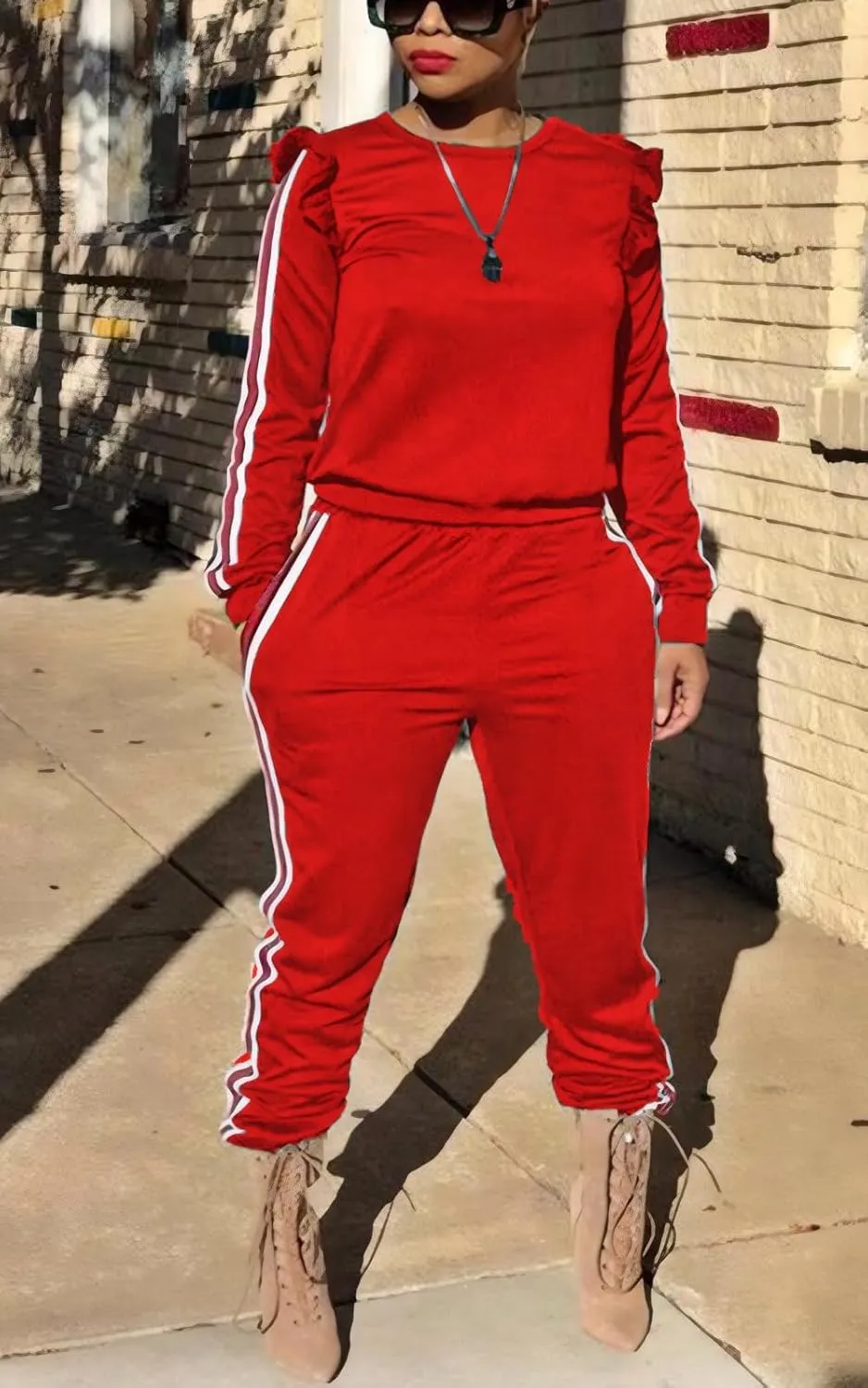 Akmipoem Women's 2 Piece Outfits Ruffle Sleeve Sweatshirt and Pants Sweatsuits Set Tracksuits