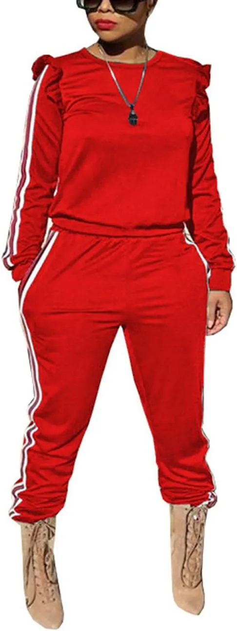 Akmipoem Women's 2 Piece Outfits Ruffle Sleeve Sweatshirt and Pants Sweatsuits Set Tracksuits