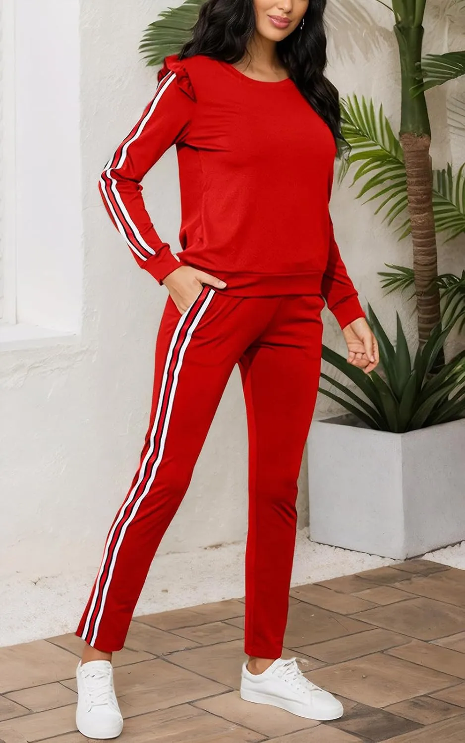 Akmipoem Women's 2 Piece Outfits Ruffle Sleeve Sweatshirt and Pants Sweatsuits Set Tracksuits