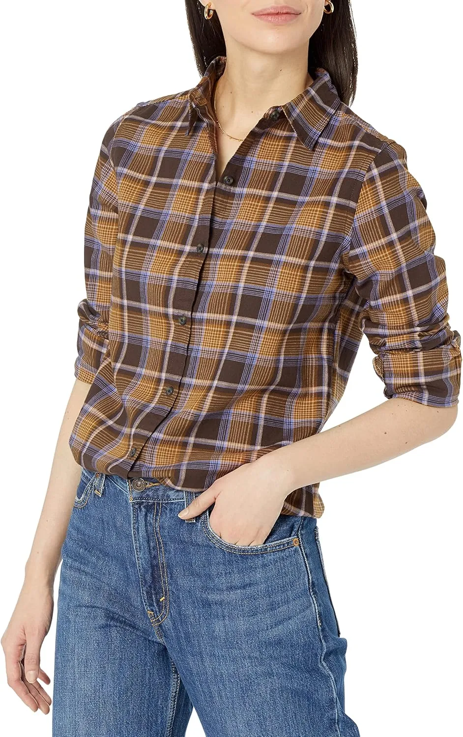 Amazon Essentials Women's Classic-Fit Long-Sleeve Lightweight Plaid Flannel Shirt