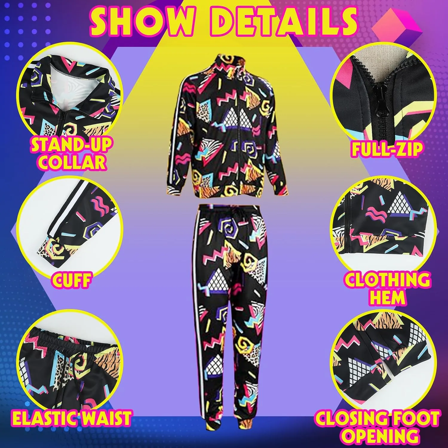 Arssm Retro 80s 90s Outfit Sets for Men Vintage Jacket and Joggers Sweatpants 80s Tracksuit Streetwear