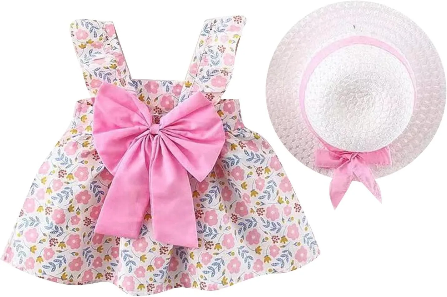 Baby Girl Tutu Dress Summer Sleeveless Backless Princess Birthday Party Dresses Flower Bow Sundress with Straw Hat Set