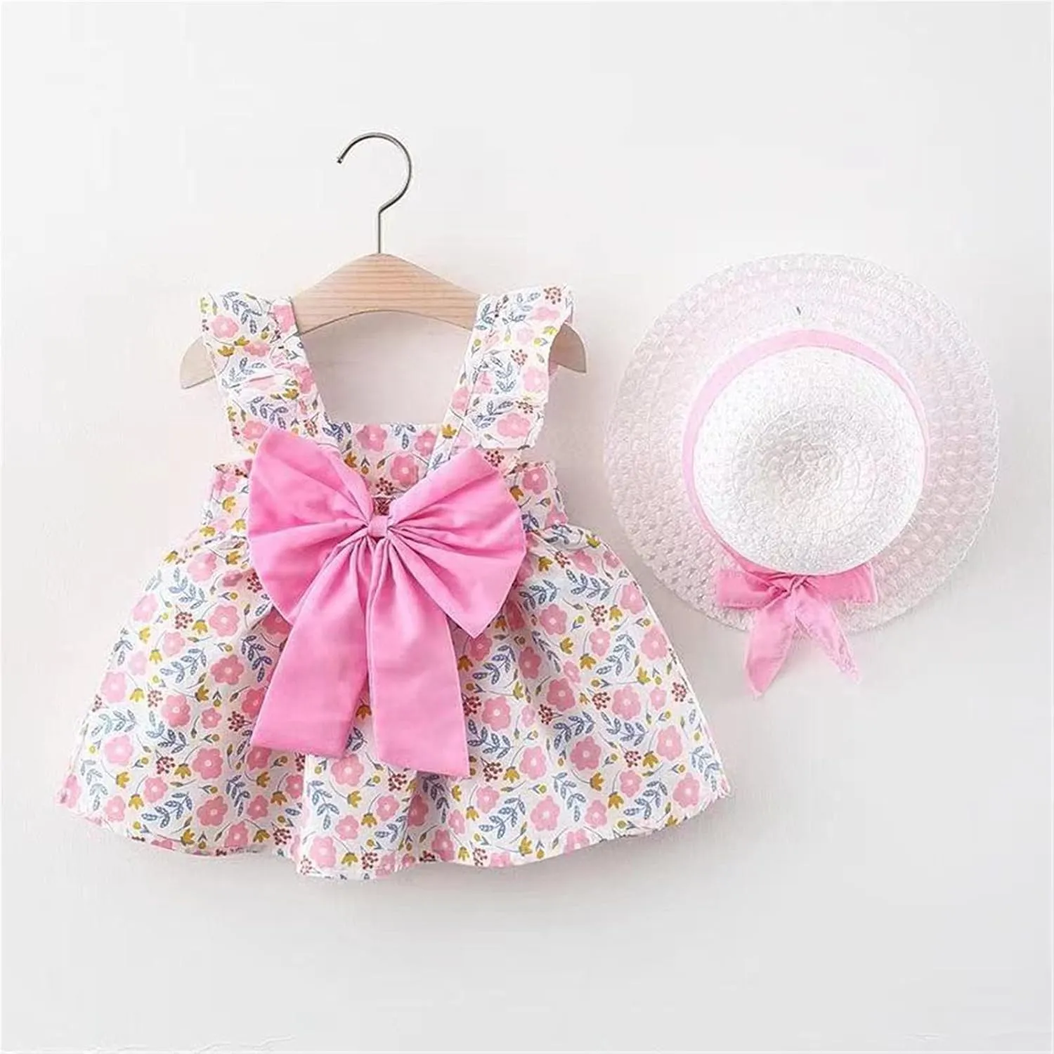 Baby Girl Tutu Dress Summer Sleeveless Backless Princess Birthday Party Dresses Flower Bow Sundress with Straw Hat Set