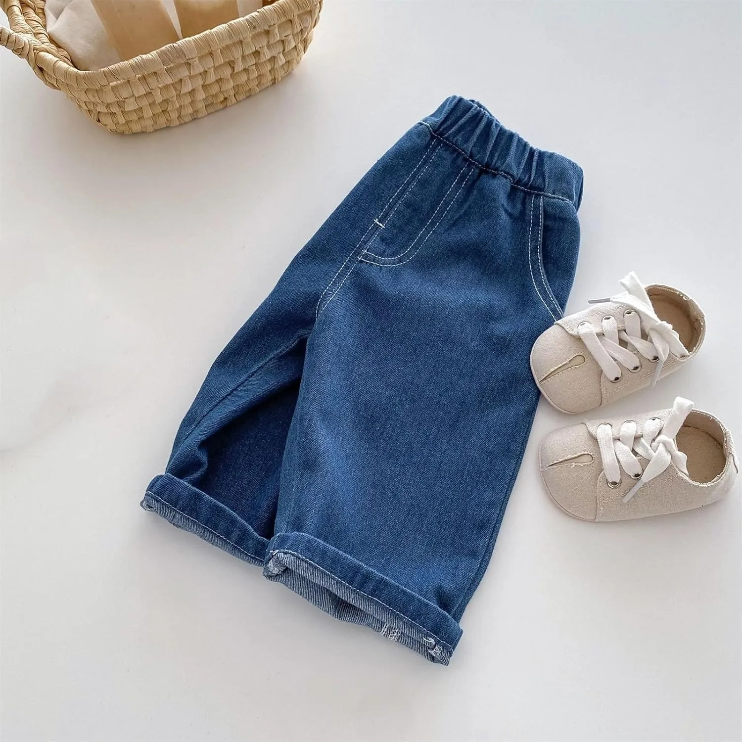 Baby Toddler Wide Leg Jeans Boys Girls High Waist Loose Denim Pants Solid Color Casual Sweatpants Trousers