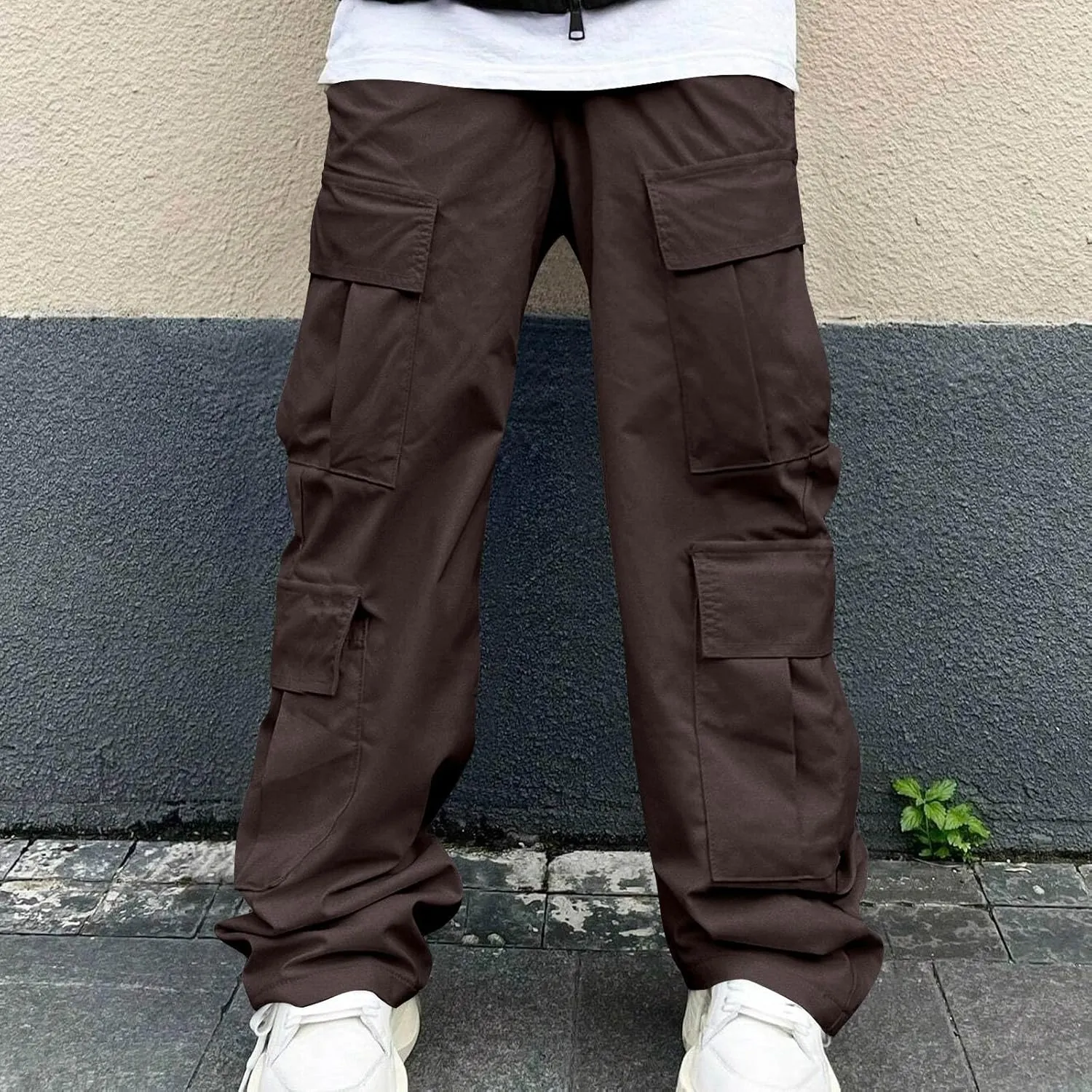 Baggy Cargo Pants Men Trendy Solid Color Hiking Pants Elastic Waist Drawstring Outdoors Pants Straight Leg Trousers