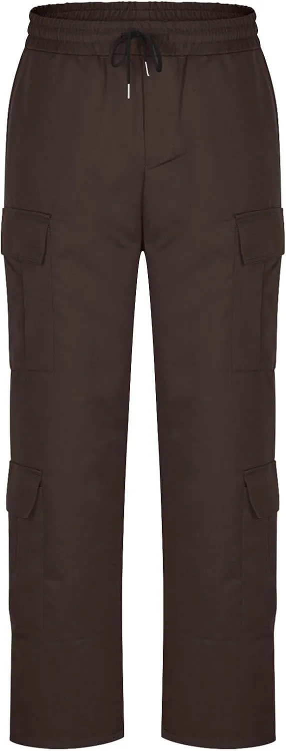 Baggy Cargo Pants Men Trendy Solid Color Hiking Pants Elastic Waist Drawstring Outdoors Pants Straight Leg Trousers
