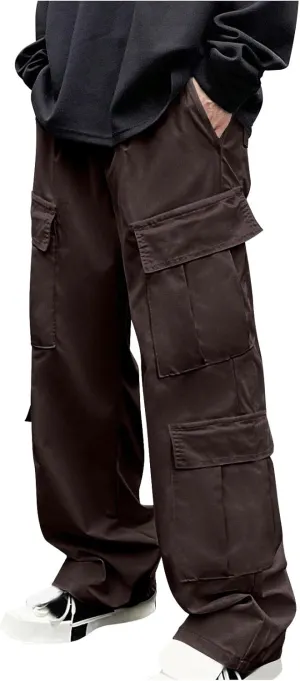 Baggy Cargo Pants Men Trendy Solid Color Hiking Pants Elastic Waist Drawstring Outdoors Pants Straight Leg Trousers