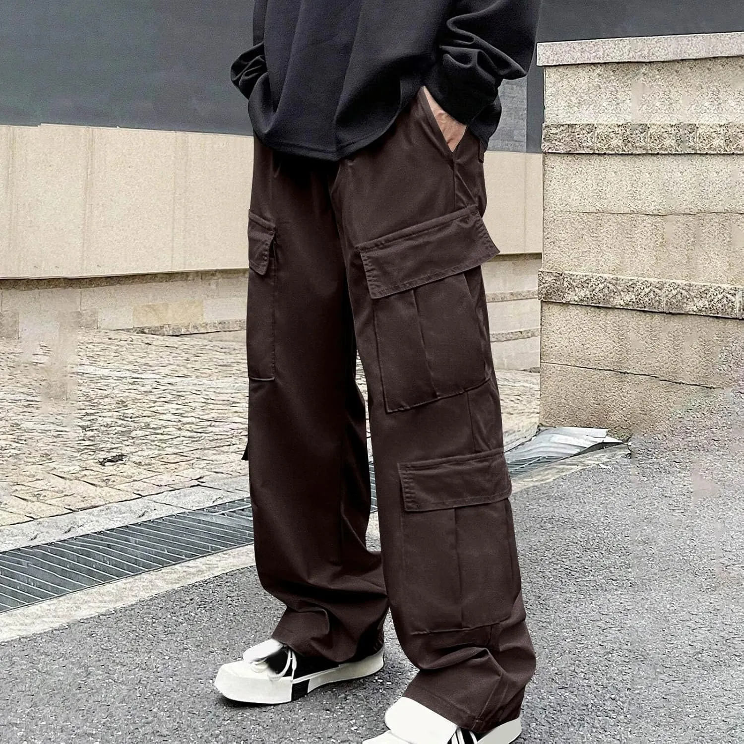 Baggy Cargo Pants Men Trendy Solid Color Hiking Pants Elastic Waist Drawstring Outdoors Pants Straight Leg Trousers