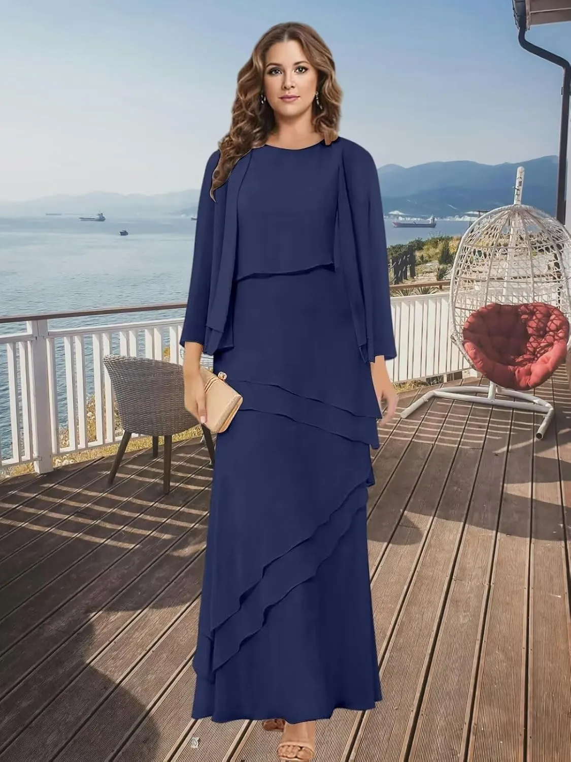 BANTRATIC 2 Pieces Mother of The Bride Dresses for Wedding Long Sleeves Ankle Length Tiered Chiffon A-Line Formal Party Gown