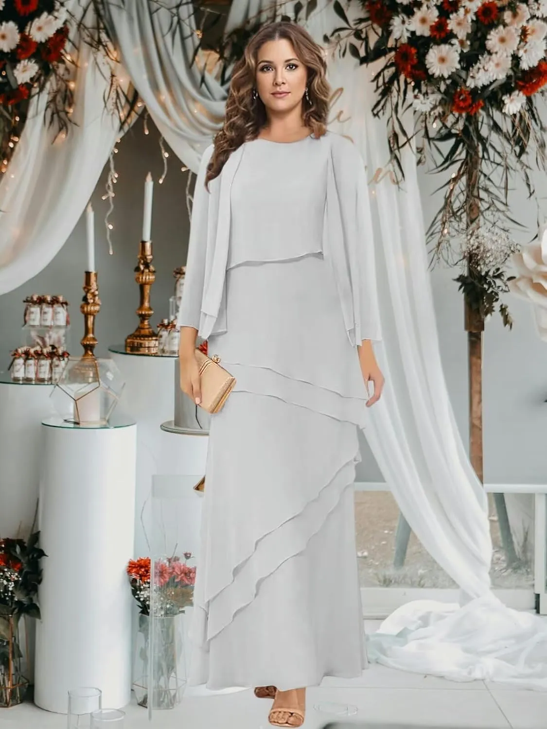BANTRATIC 2 Pieces Mother of The Bride Dresses for Wedding Long Sleeves Ankle Length Tiered Chiffon A-Line Formal Party Gown