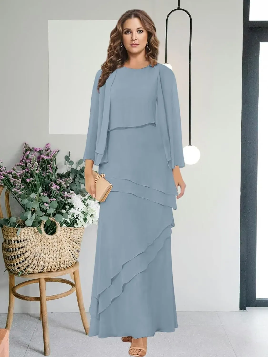 BANTRATIC 2 Pieces Mother of The Bride Dresses for Wedding Long Sleeves Ankle Length Tiered Chiffon A-Line Formal Party Gown