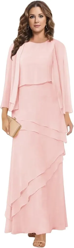 BANTRATIC 2 Pieces Mother of The Bride Dresses for Wedding Long Sleeves Ankle Length Tiered Chiffon A-Line Formal Party Gown