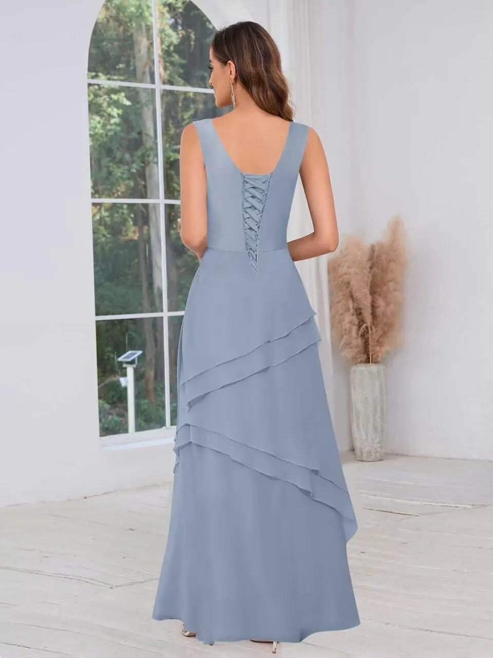 BANTRATIC 2 Pieces Mother of The Bride Dresses for Wedding Long Sleeves Ankle Length Tiered Chiffon A-Line Formal Party Gown