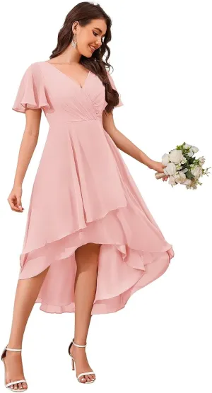 BANTRATIC Women's Short Bridesmaid Dress with Sleeve V-Neck Empire Waist A-Line Hi-Lo Chiffon Formal Gown for Wedding Guest