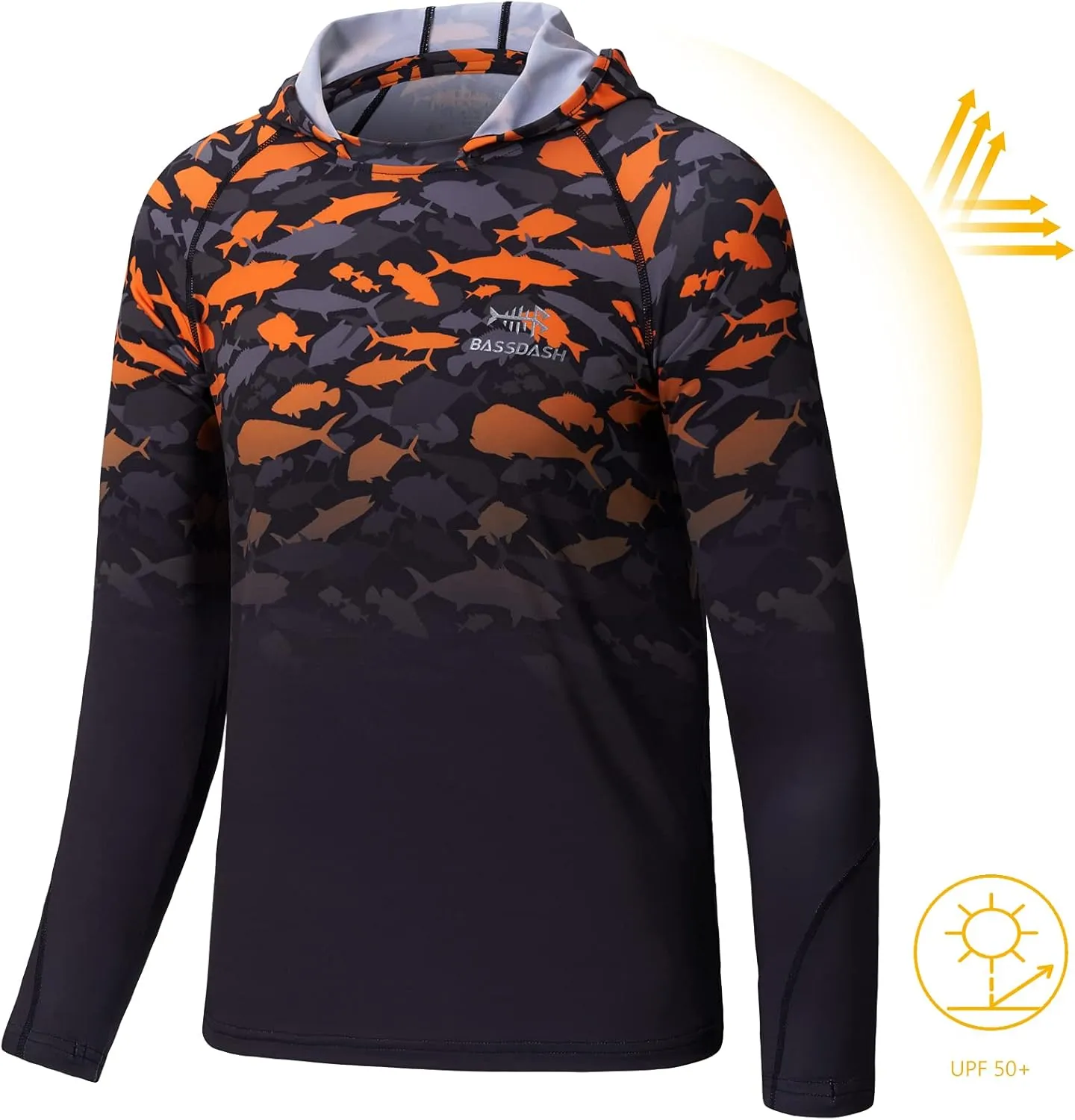 BASSDASH Youth UPF50  Performance T Shirt with Hood Long Sleeve Fishing Hiking Sun Shirt FS03Y