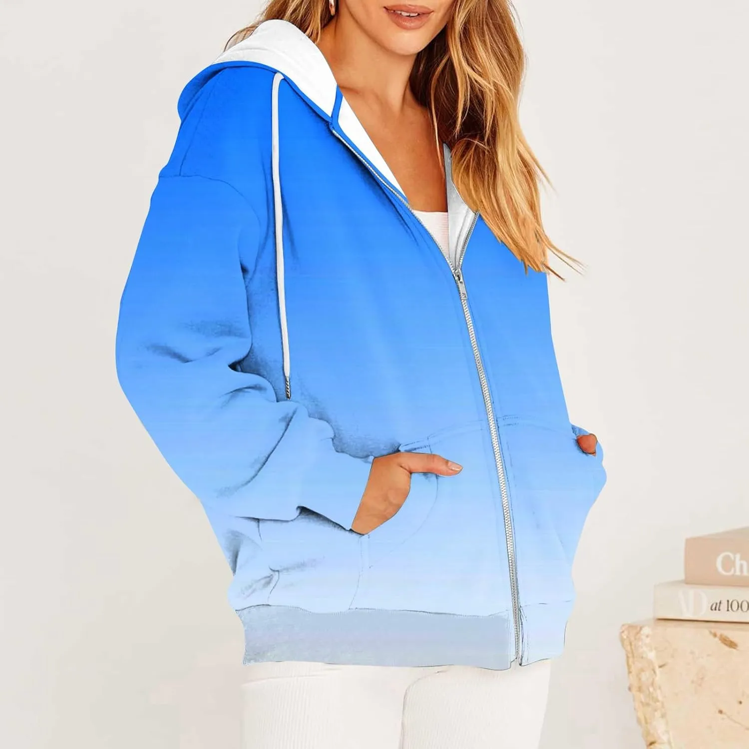 Bidobibo Zip Up Hoodie Women Gradient Color Pattern Zipper Hooded Plus Size Jacket Oversized Tunic Sweatshirt for Women