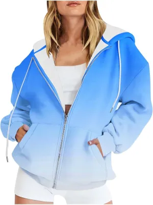 Bidobibo Zip Up Hoodie Women Gradient Color Pattern Zipper Hooded Plus Size Jacket Oversized Tunic Sweatshirt for Women
