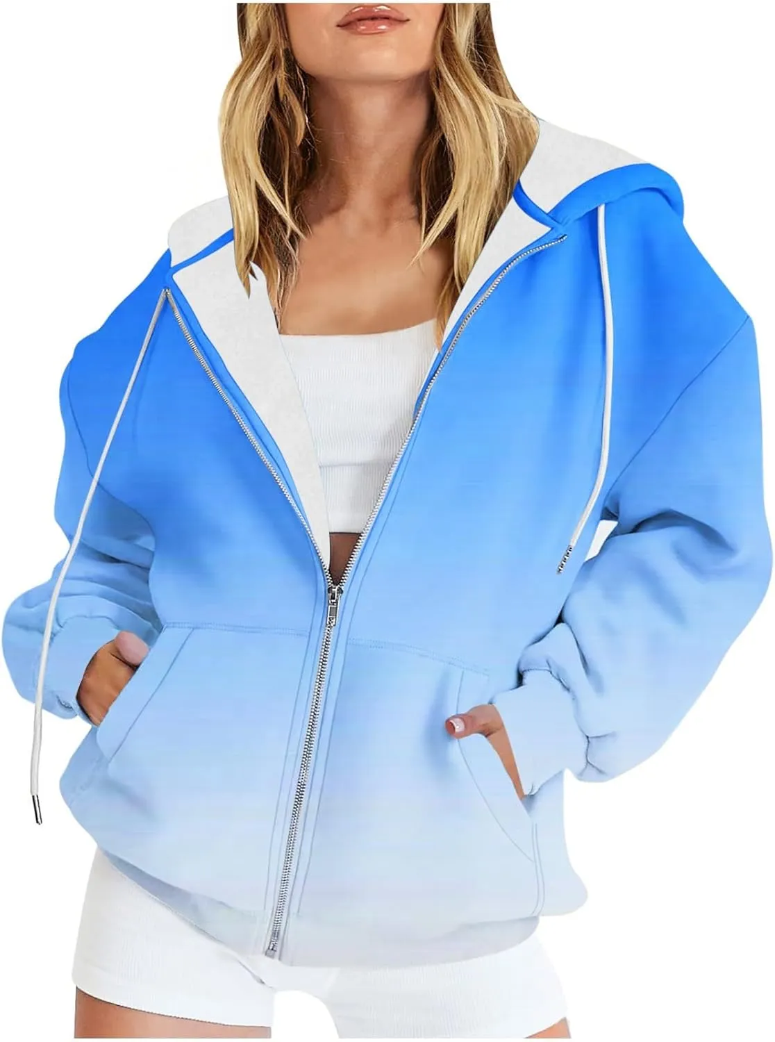 Bidobibo Zip Up Hoodie Women Gradient Color Pattern Zipper Hooded Plus Size Jacket Oversized Tunic Sweatshirt for Women