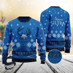 Blue Michelob Ultra Reindeer Snowy Christmas Sweater